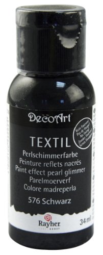 Rayher 38502576 Glanz Textil Stoffmalfarbe/ Textilfarbe schwarz, Flasche 34 ml, hochdeckend, cremige Acrylfarbe speziell für Textilien, waschfest, irisierend, glänzend, Perl-Schimmer